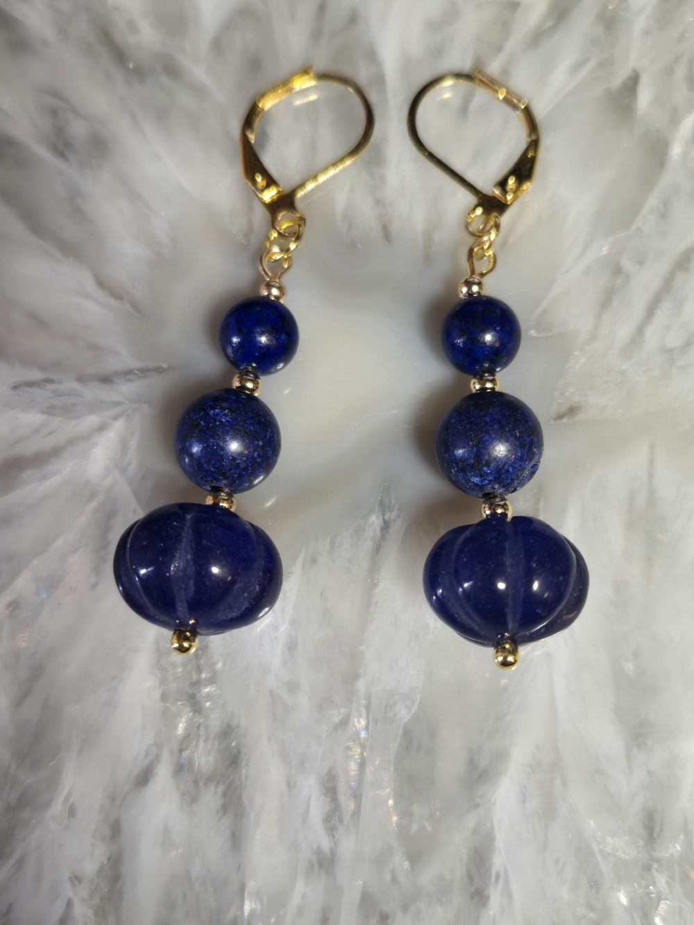 Carved Sapphire, Dumortierite And Lapis Lazuli Earrings